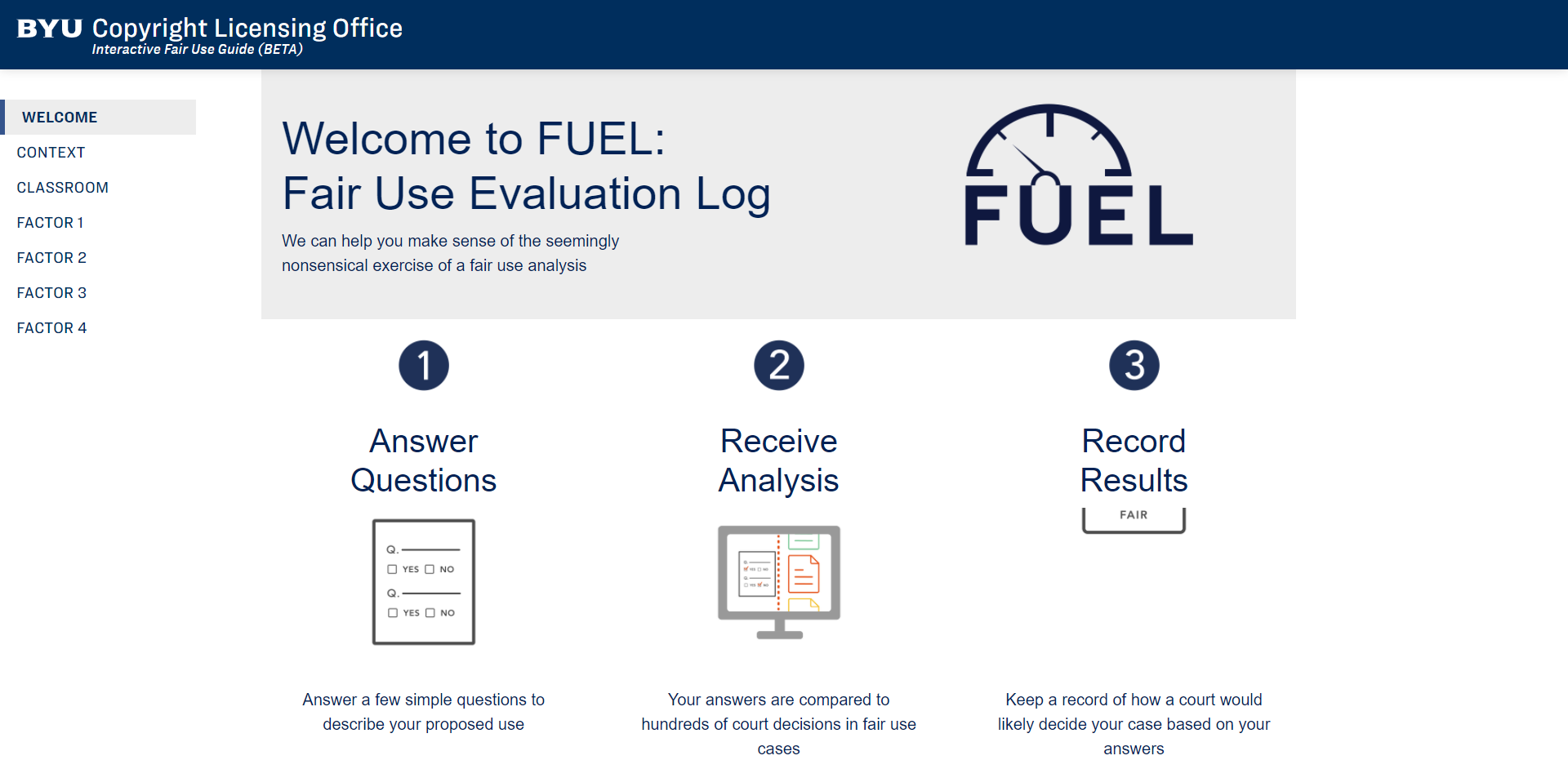 Screenshot of fairusechecklist.byu.edu